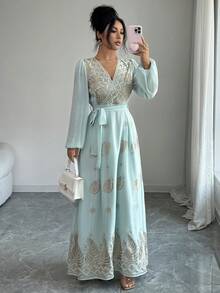 Yasmyna Women's Elegant Floral Print Cross V-Neck Belted Lantern Sleeve Dress - Green - View 4