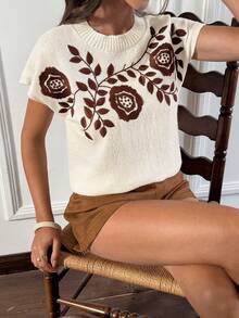 Serisse 女士休闲花卉刺绣蝙蝠袖针织上衣，秋季 - 彩色 - 查看 6