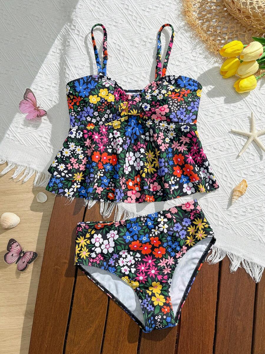 SHEIN 1件女童彩色印花弹力速干舒适针织面料吊带比基尼上衣，适合海滩、泳池、海边、冲浪、度假、夏季、旅行、假日等场合。 - 彩色 - 查看 1