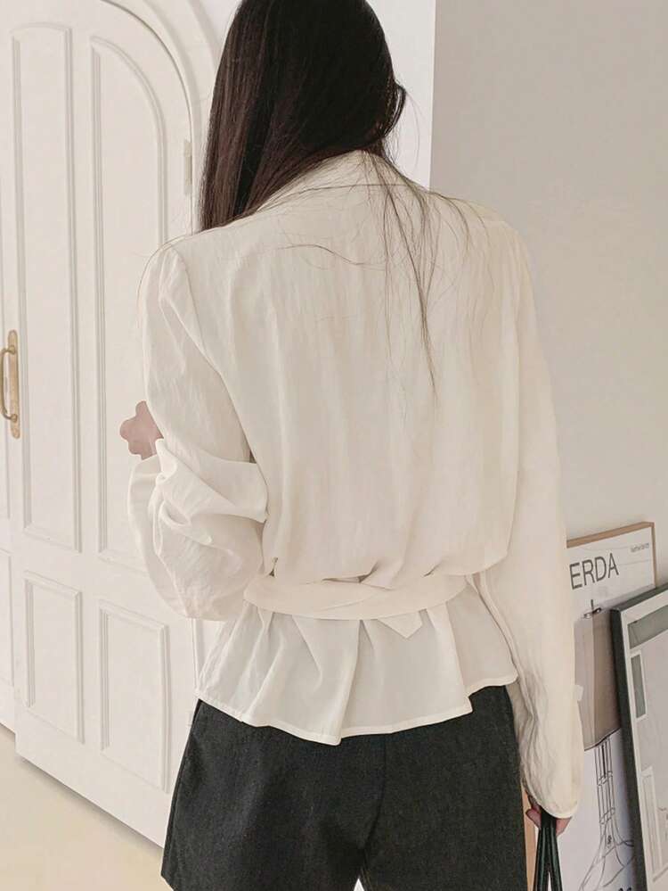 French Style Waist Belt Long Sleeve Blouse, Slimming Fitted Women's Shirt