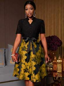 Lyxana 蕾丝提花拼接V领系带裹身优雅中长连衣裙 - 黃色 - 查看 4