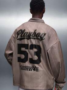 PLAYBOY X SUMWON Bunny Logo Ribbed Texture Long Sleeve Polo Shirt With Vertical Stripes And Number Print Regular Fit Collared Top - Multicolor - View 1