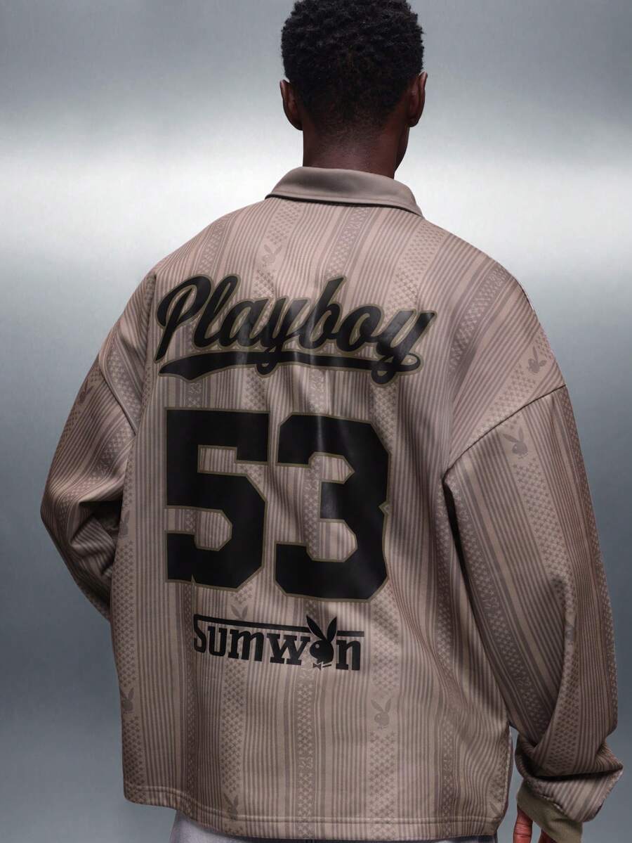 PLAYBOY X SUMWON Bunny Logo Ribbed Texture Long Sleeve Polo Shirt With Vertical Stripes And Number Print Regular Fit Collared Top - Multicolor - View 1