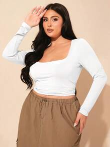 SHEIN BAE Plus Size Fall Gray Square Collar Gathered Knitted Tight Long-Sleeved T-Shirt, Elegant And Versatile Top For Commuting - White - View 5