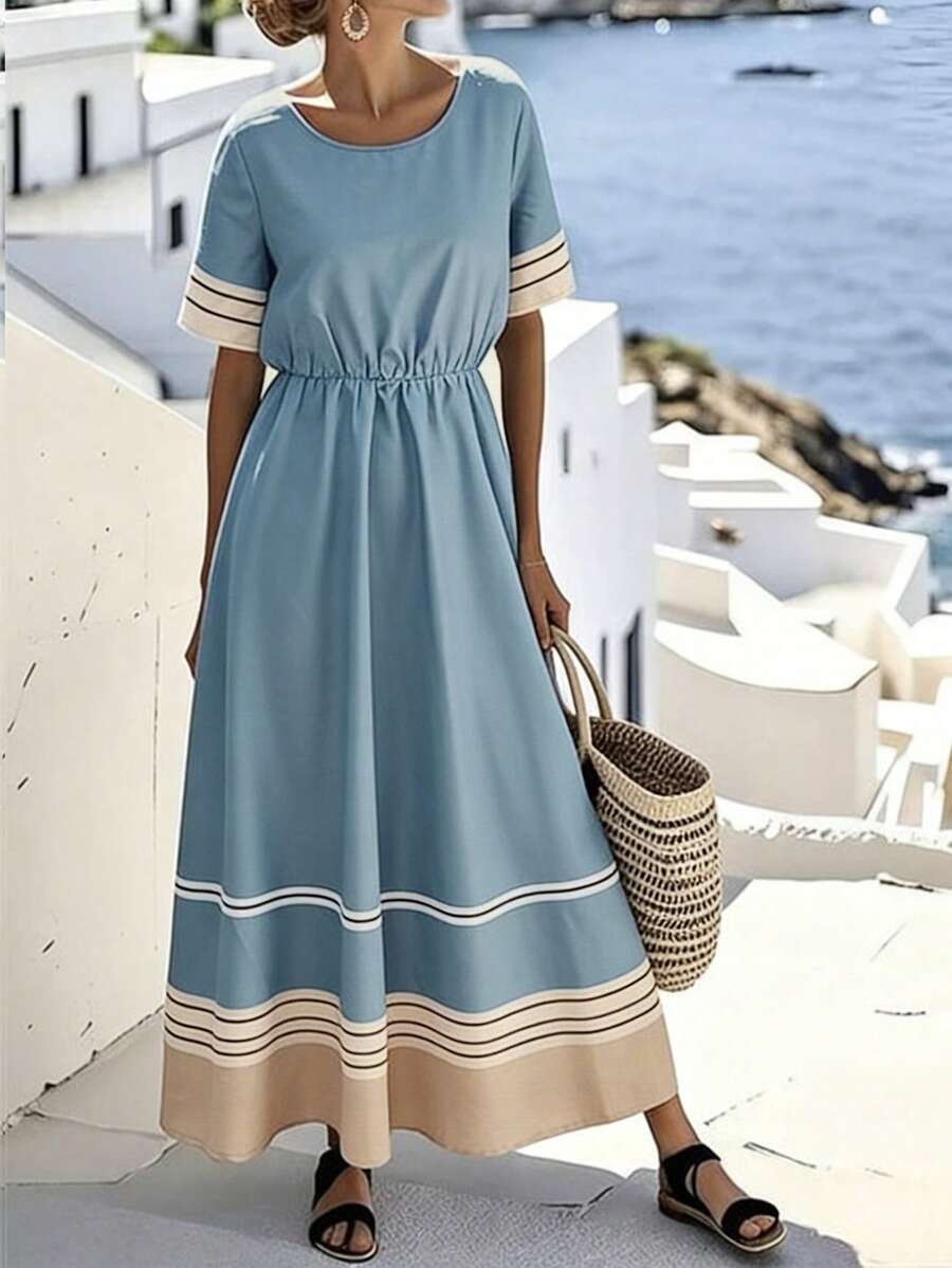 SHEIN 蓝色拼接条纹优雅收腰休闲度假中长连衣裙（女款）