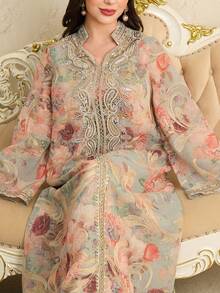 Al Najma Spring/Summer Flared Sleeve Stand Collar Beaded Floral Trim Maxi Arabian Dress - Multicolor - View 1