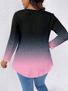 EMERY ROSE Ombre Color Block Plus Size V-Neck Long Sleeve T-Shirt Fall - Multicolor - View 2
