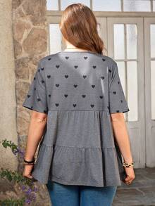 EMERY ROSE Plus Size Women Patchwork Heart Print Round Neck Short Sleeve Ruffle Hem Casual T-Shirt Carnival Costume For Women Beach Outfits For Women Vacation Outfits For Women Spring To Summer Tunic Tops For Women Cute Casual Tops Beach Outfit Holiday Outfits Going Out Tops - Grey - View 4