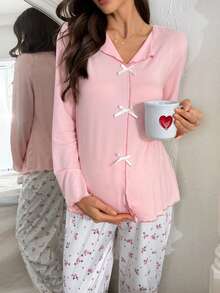 Moonlight&Mama Solid Color Ribbed Bow Tie Neck Long Sleeve Top And Small Ditsy Floral Pants Maternity Pajama Set - Pink - View 3