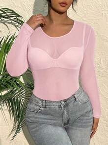 CovetEZ Áo thun dài tay cổ tròn bằng vải lưới xuyên thấu gợi cảm dành cho nữ cỡ lớn, màu hồng. - Hồng - Xem 4