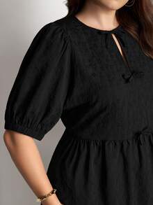 Comfylo Đầm nữ cỡ lớn kiểu dáng đơn giản, màu trơn, cổ mở, tay phồng, eo thắt, thích hợp mặc hàng ngày đi làm. - màu đen - Xem 4