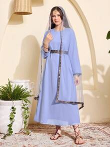 Vestido largo tradicional para adolescentes, de manga transparente con bordado en azul claro, corte holgado, adecuado para uso diario, ir al trabajo, festivales y celebraciones, con un toque suave, para primavera/otoño - Morado - Ver 5