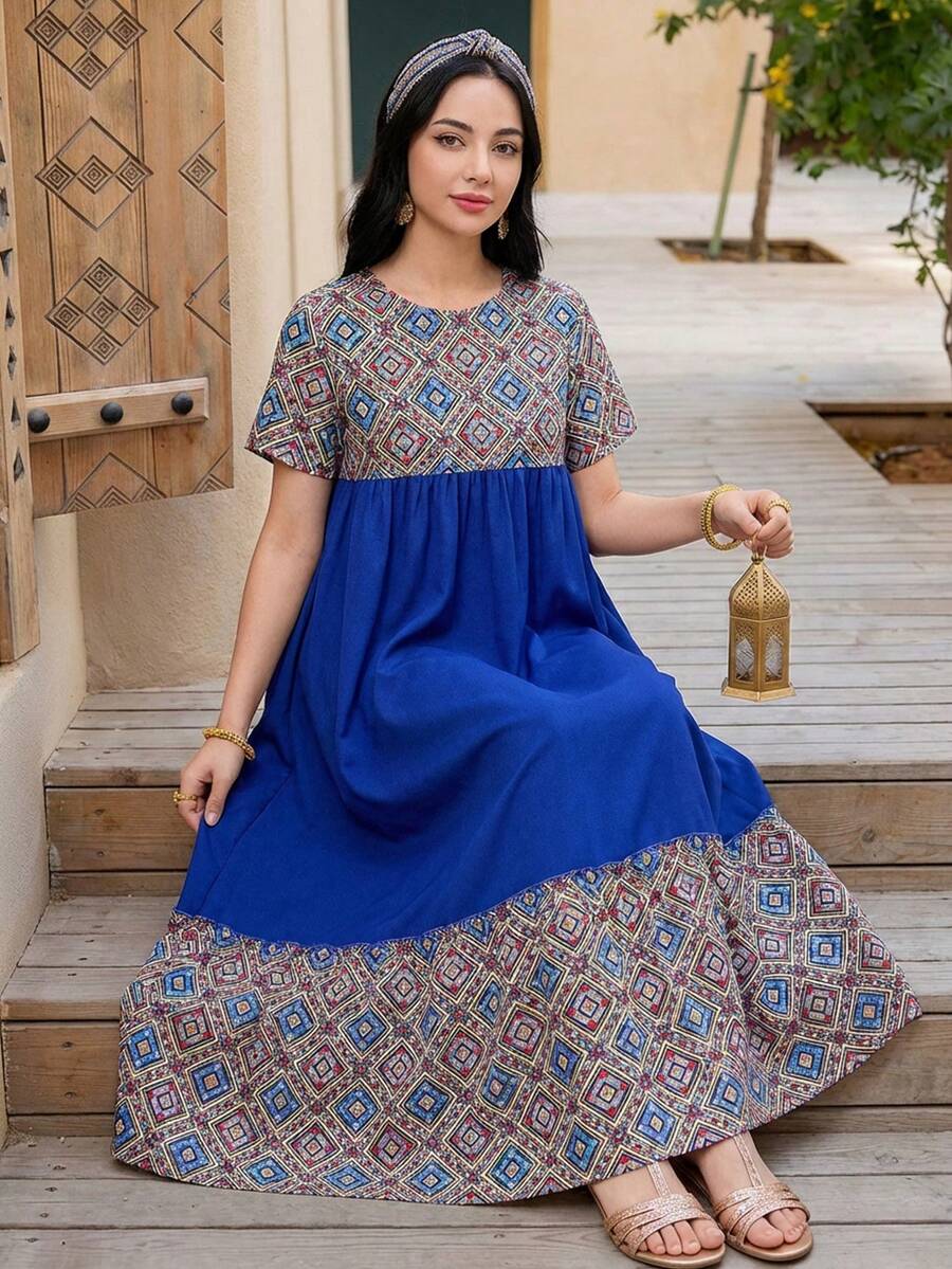 SHEIN Đầm dài tay ngắn, kiểu dáng chắp vá, mới, thích hợp cho các lễ hội, tiệc tùng và mặc hàng ngày, áo choàng Abaya truyền thống Trung Đông dành cho nữ tuổi teen. - Màu xanh lam - Xem 1