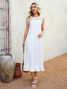 EMERY ROSE 女士度假休闲纯色无袖荷叶边中长连衣裙 - 白色 - 查看 3