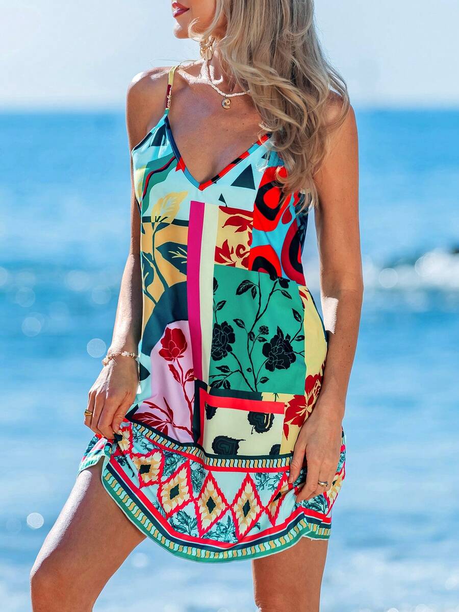 Sylviya 幾何和花卉圖案撞色拼接圖案吊帶洋裝