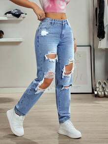 SHEIN Tall Women's Casual Versatile Distressed Skinny Jeans - Light Wash - View 3