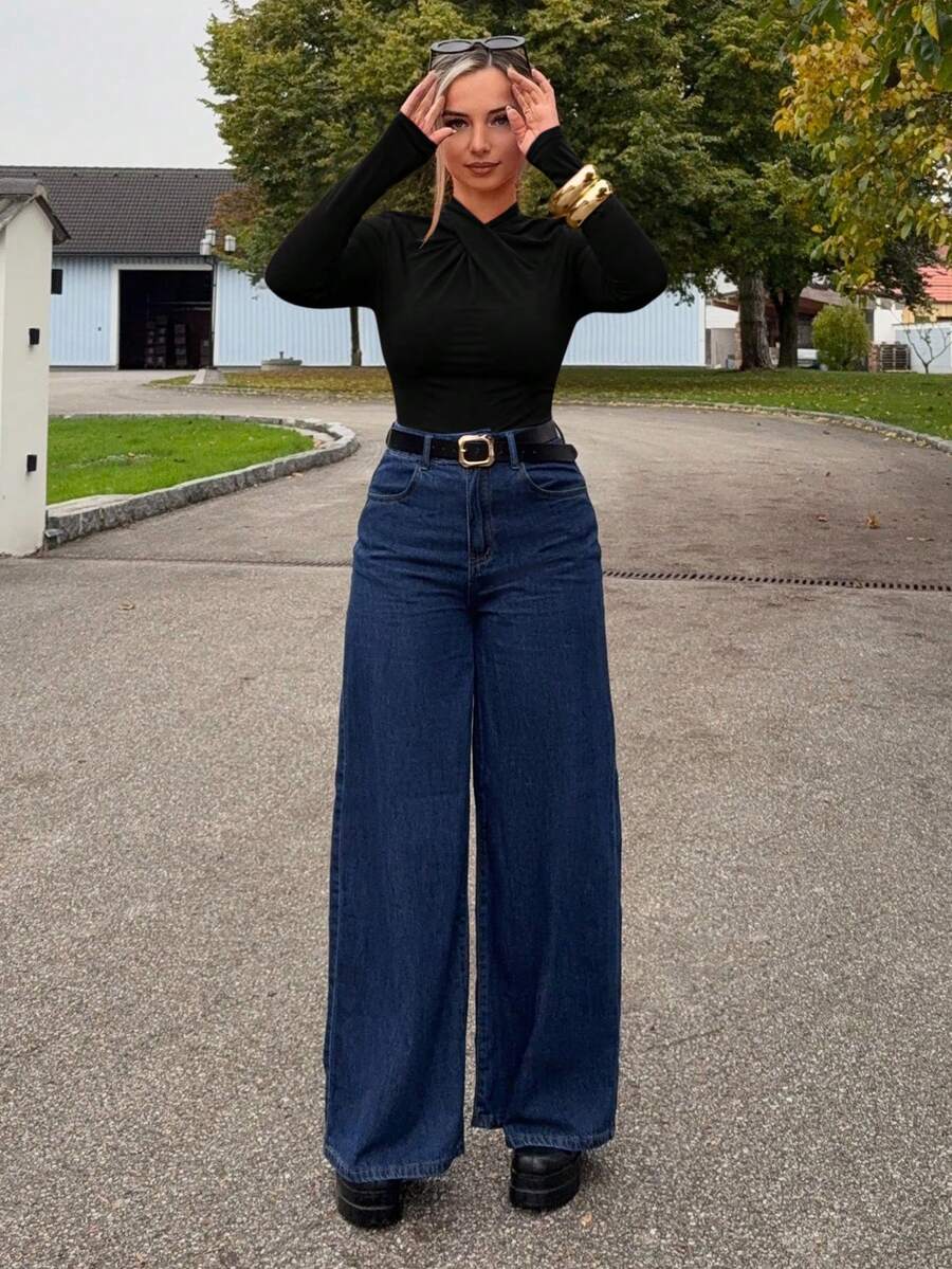 Jeta Ari 春夏优雅性感连体衣，现代时尚百搭红色褶皱领口紧身长袖紧身衣，休闲家居服和日常服装 - 黑色 - 查看 1