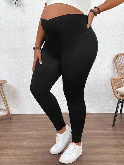 SHEIN 孕妇加大码纯色弹力可调节腰围打底裤