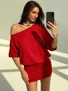 Aloruh Women's Solid Color Asymmetric Batwing Sleeve Sexy Open Back Mini Dress - Red - View 6