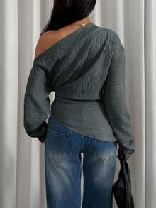 Women's Solid Color Asymmetric Hem Fashionable Versatile Date Night Long Sleeve Top One Shoulder Top - Grey - View 2