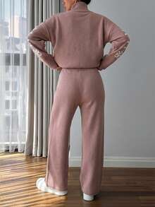 EURMUSE Women 3d Floral Embroidery Sweater Co-Ord Set - Dusty Pink - View 2