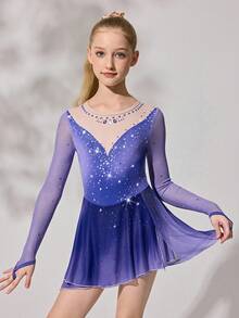 Tween Girls Activewear Long Sleeve Raglan Leotard With Positioning Print + Rhinestone Design, Cute Print Stretchy Skin-Friendly Soft Gymnastics Unitard, Suitable For Dance, School, Competition, All Seasons - Mauve Purple - View 6
