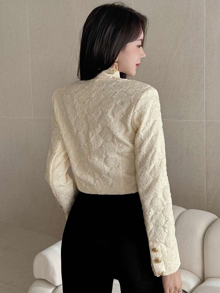 Women's Elegant Solid Color Textured Tie Collar Blouse, Spring/Autumn