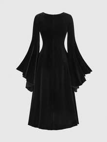 ROMWE Đầm Gothic cổ điển màu tối, cổ chữ V sâu, tay loe, ôm sát người, xẻ tà cao, chất liệu nhung. - màu đen - Xem 2