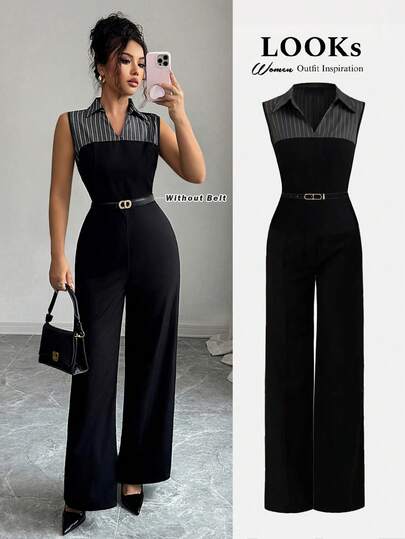 Rafferiza Ladies' New Spring And Summer Black Striped Sleeveless Jumpsuit, With A Main Body In Solid Black, Featuring Shoulder Stripe Details And Collar Decoration, Designed With A Sleeveless Wide-Leg Straight-Leg Pants Style, Suitable For Work Attire Or Light Business Casual Wear. Product Features Include: Women's Smart Jumpsuit, Striped Sleeveless Design, Wide-Leg Slimming Work Attire, Business Casual Daily Versatile Outfit, Contrasting Stripe Jumpsuit. Jumpsuits For Woman Elegant Black Jumpsuit
