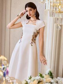 Modelyn Women's Swan Collar Cap Sleeve Floral Embroidery Elegant Mid-Length Dress Wedding Party Dress Bridesmaid Dress - Apricot - View 5