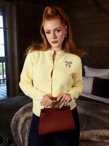 Gretanique Women's Casual Loose Scoop Neck Ruffle Butterfly Accent Yellow Cardigan Sweater Fall Winter Cloth For Women - Yellow - View 5