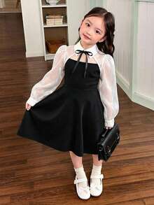Young Girl Casual Minimalist Comfortable Collared Hollow-Out Color Block Patchwork Dress - Multicolor - View 5