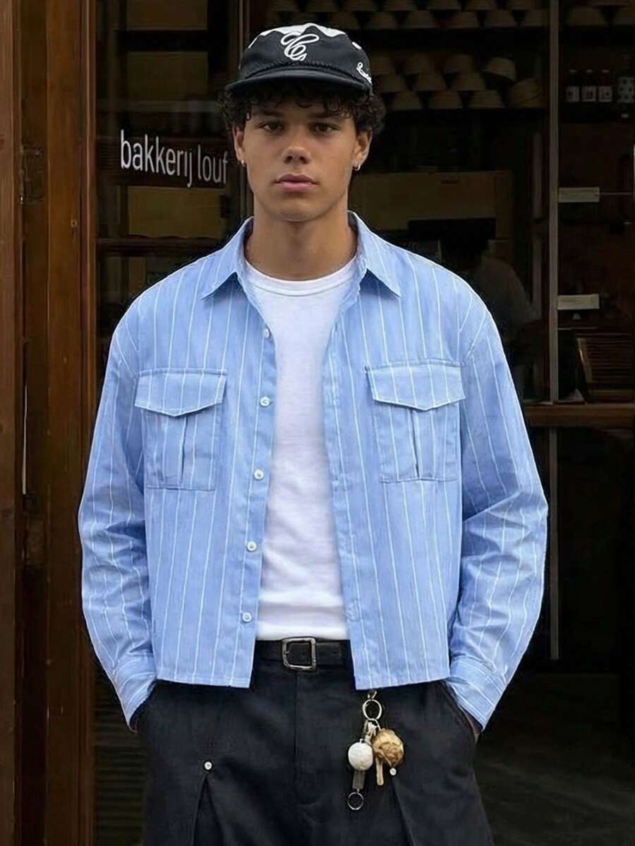 Manfinity VCAY Áo sơ mi nam dài tay kẻ sọc, kiểu dáng thường ngày, có túi, thích hợp cho mùa thu. - Màu xanh lam - Xem 1