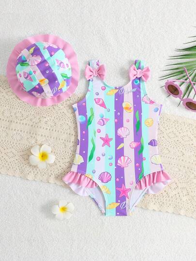 SHEIN Baby Girls Beachwear Shell Seaweed Multicolored Striped One-Piece One-Piece One-Piece Black Fungus Lace Cute Bow Swimsuit Sunscreen Hat Black Fungus Lace. Fashionable, Casual, Cute, Exquisite, Gorgeous, Ladies Suitable For Swimming, Suitable For Summer Vacation, Beach, Beach, Swimming Pool, Summer Party, Leisure Vacation Baby Ruffle Mermaid Bathing Suit Swimming Clothes Toddler Swim Suit