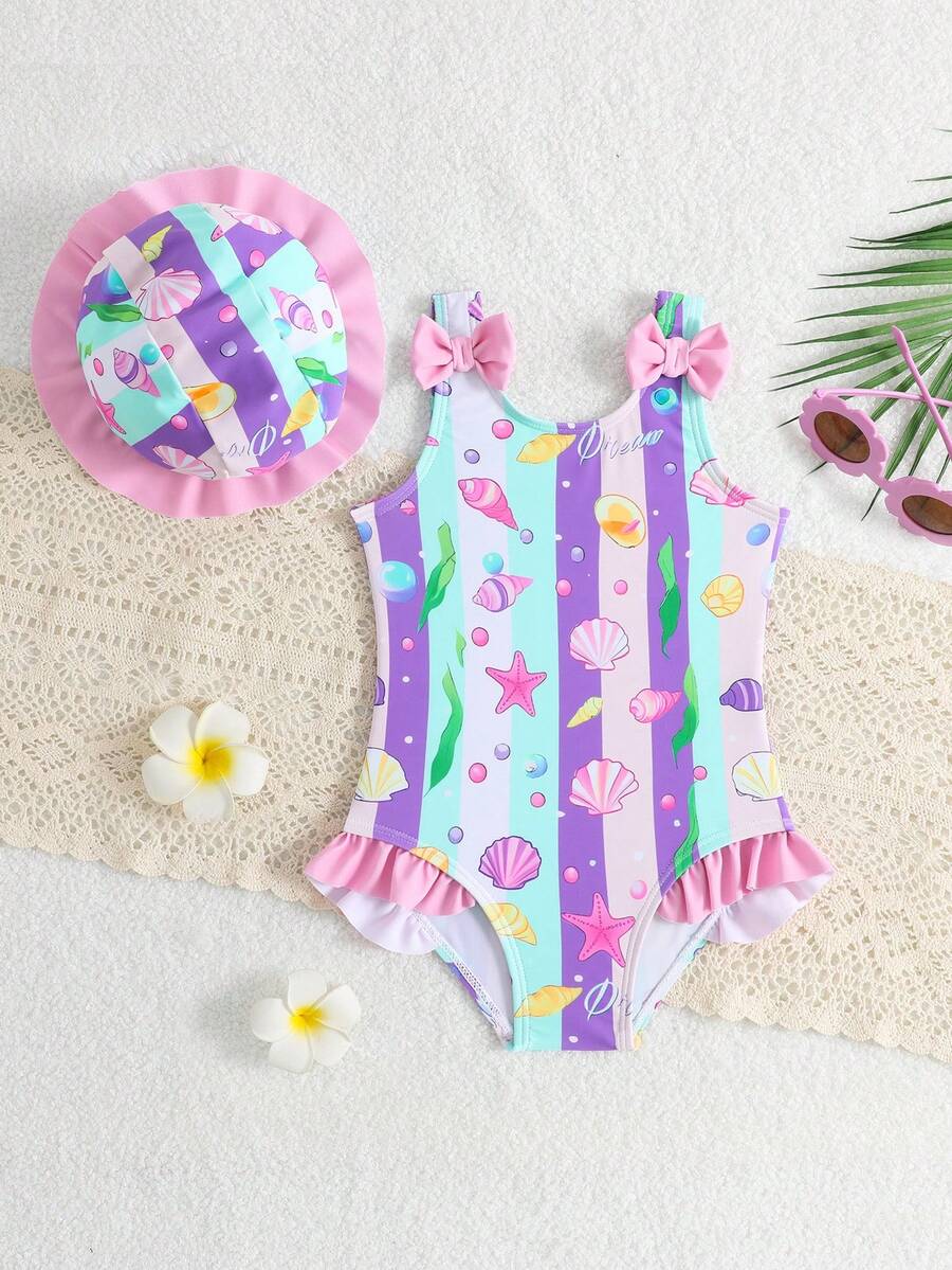 SHEIN Maillot de bain une pièce pour bébé fille avec nœud décoratif rayé, plage/resort - Parme - Voir 1