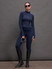 Activina Women's Stand Collar Zip-Up Fitted Long Sleeve Equestrian Jacket - Navy Blue - View 2