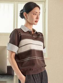Dazy-Less Women's Casual Everyday Office Commute Contrast Stripe Pattern Polo Collar Roll-Up Sleeve Knit Top Business Casual Woman - Brown - View 5
