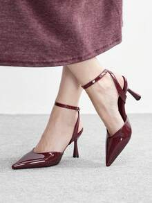 CUCCOO BIZCHIC Pointed Toe Stiletto Heel Burgundy Ankle Strap Minimalist Classic Women's High Heel Pumps, Versatile For Daily, Commute, Elegant, Party Valentine's Day