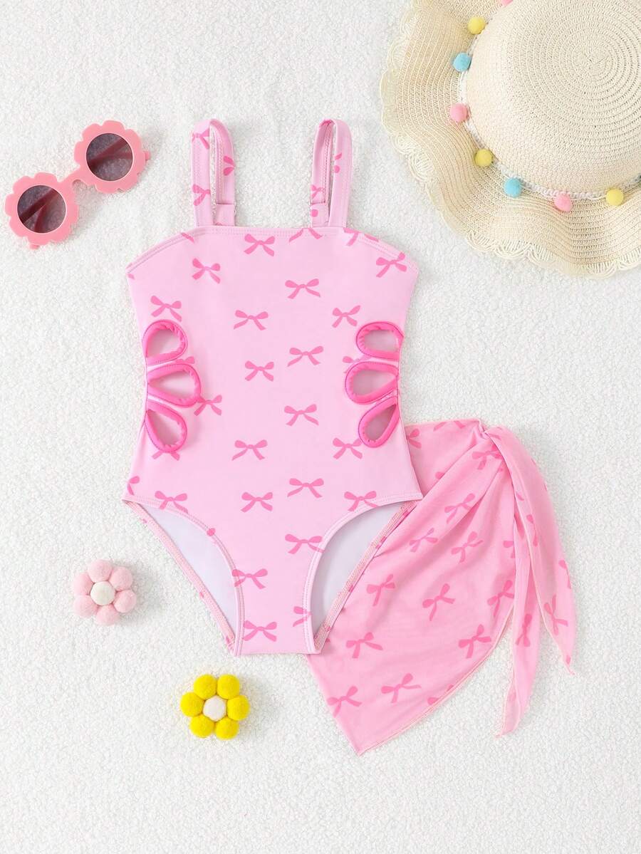女童蝴蝶印花连体泳衣配同款半裙，两件套休闲时尚套装 - 彩色 - 查看 1