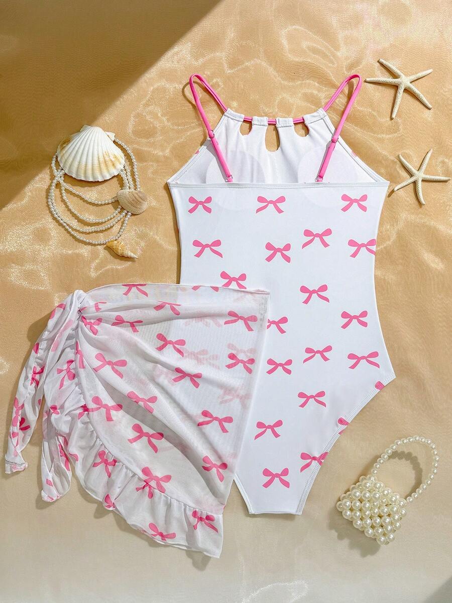 SHEIN 少女时尚休闲蝴蝶印花连体泳衣带裙两件套 - 白色 - 查看 1