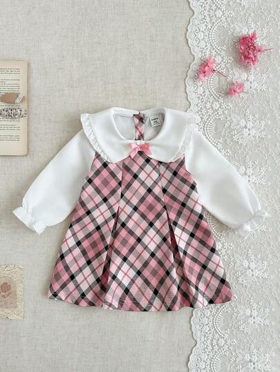 SHEIN 女婴白色布料荷叶边蝴蝶结领泡泡袖褶皱连衣裙，优雅可爱，适合日常、休闲和工作穿着。