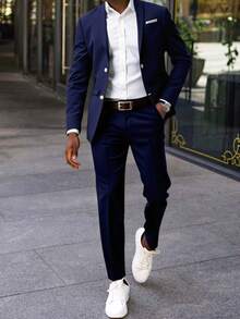 SHEIN 青少年男童藏蓝色修身西装套装，简约廓形，休闲学院风，舒适时尚，适合日常穿着、上学、外出、聚会、度假等各种场合。 - 寶藍色 - 查看 3