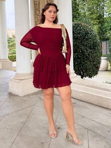 Nezia Cruz Plus Size Elegant Sweet Sexy Women's Black Mesh Asymmetrical Oblique Shoulder Long Sleeve Ruffled Hem Mini Dress, Fairy Core Dress, Suitable For Valentine's Day, Summer, Birthday, Plus Size Formal Party - Burgundy - View 4