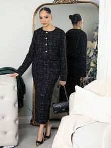 Melissa Matos 2 件格子短款夹克和裙子，休闲秋季套装 - 黑色 - 查看 1