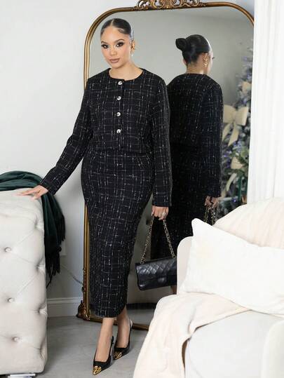 Melissa Matos 2 件格子短款夹克和裙子，休闲秋季套装