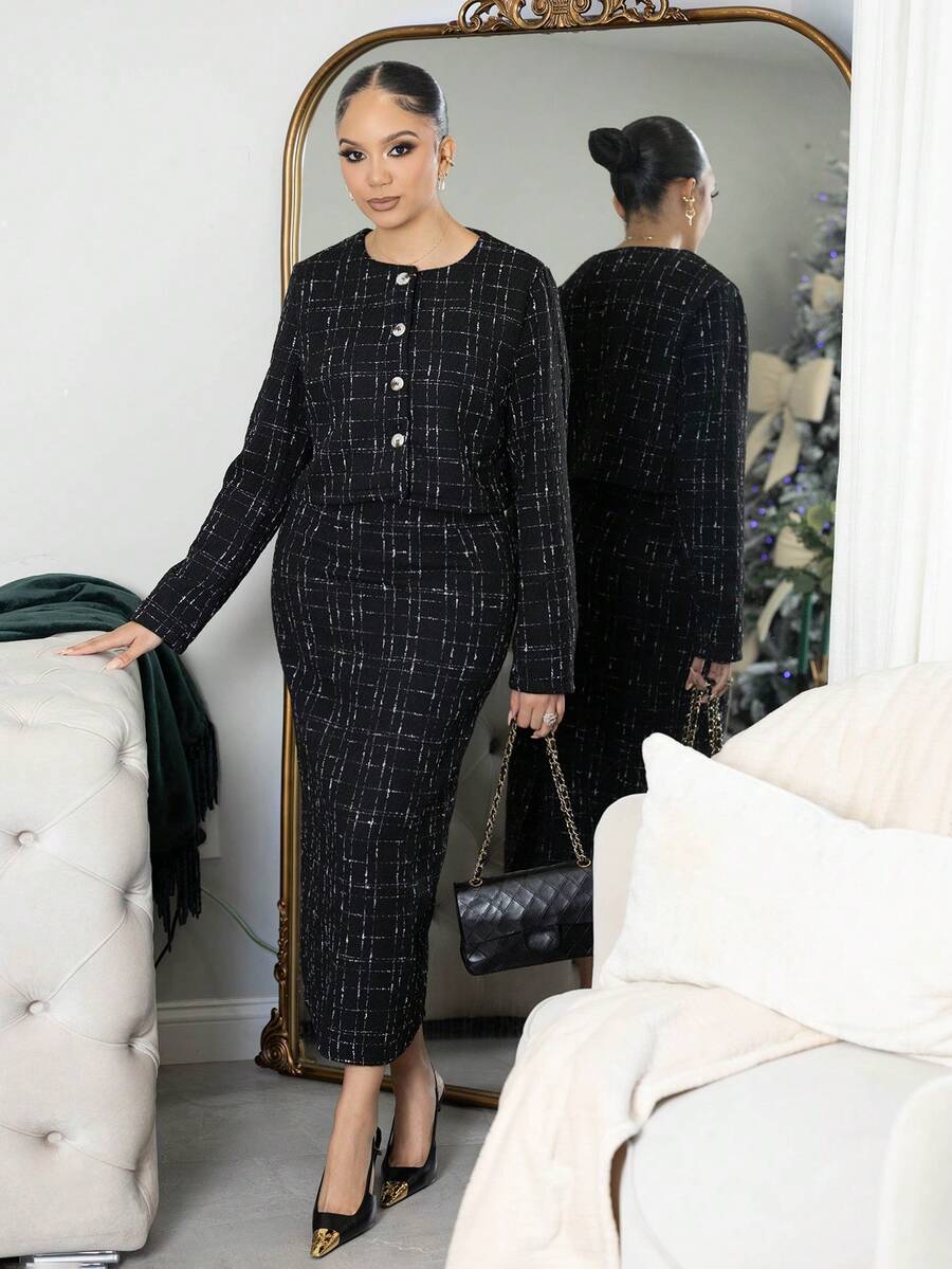 Melissa Matos 2 件格子短款夹克和裙子，休闲秋季套装 - 黑色 - 查看 1