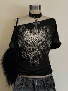 Attitoon Casual Loose Fit Women T-Shirt With Heart Wing Print, Suitable For Summer Spring - Black - View 4