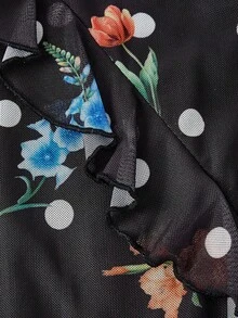 SHEIN MOD Đầm hai dây màu đen chấm bi và họa tiết hoa, vạt xếp tầng, vạt lệch vai, thích hợp cho Ngày Valentine, trang phục Valentine cho nữ, lễ hội Carnival, đầm cocktail, đầm dạ hội, đầm dự tiệc, đầm sinh nhật. - màu đen - Xem 5