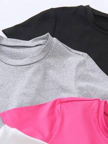 SHEIN Playful Pals Bộ 6 áo thun ngắn tay cổ tròn màu trơn thoải mái, dễ phối đồ cho bé gái, thích hợp mặc mùa hè, quà tặng lý tưởng cho bé gái. - Nhiều màu - Xem 7