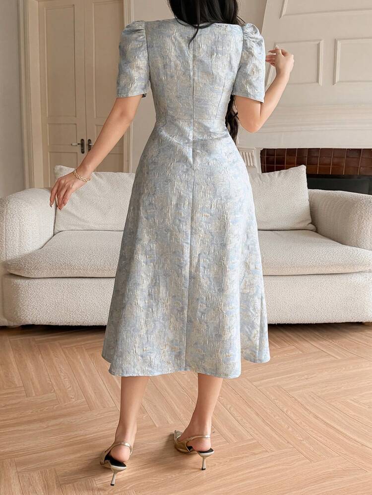 Women's Elegant Floral Print Round Neck Puff Sleeve Dress, Summer Dress Sundress